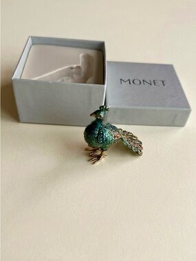 Monet Emerald Green Peacock Pin with Gold-Tone Accents